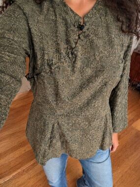 Women's Olive Green Brocade Mandarin Collar Button-Down Top 3/4 length sleeve